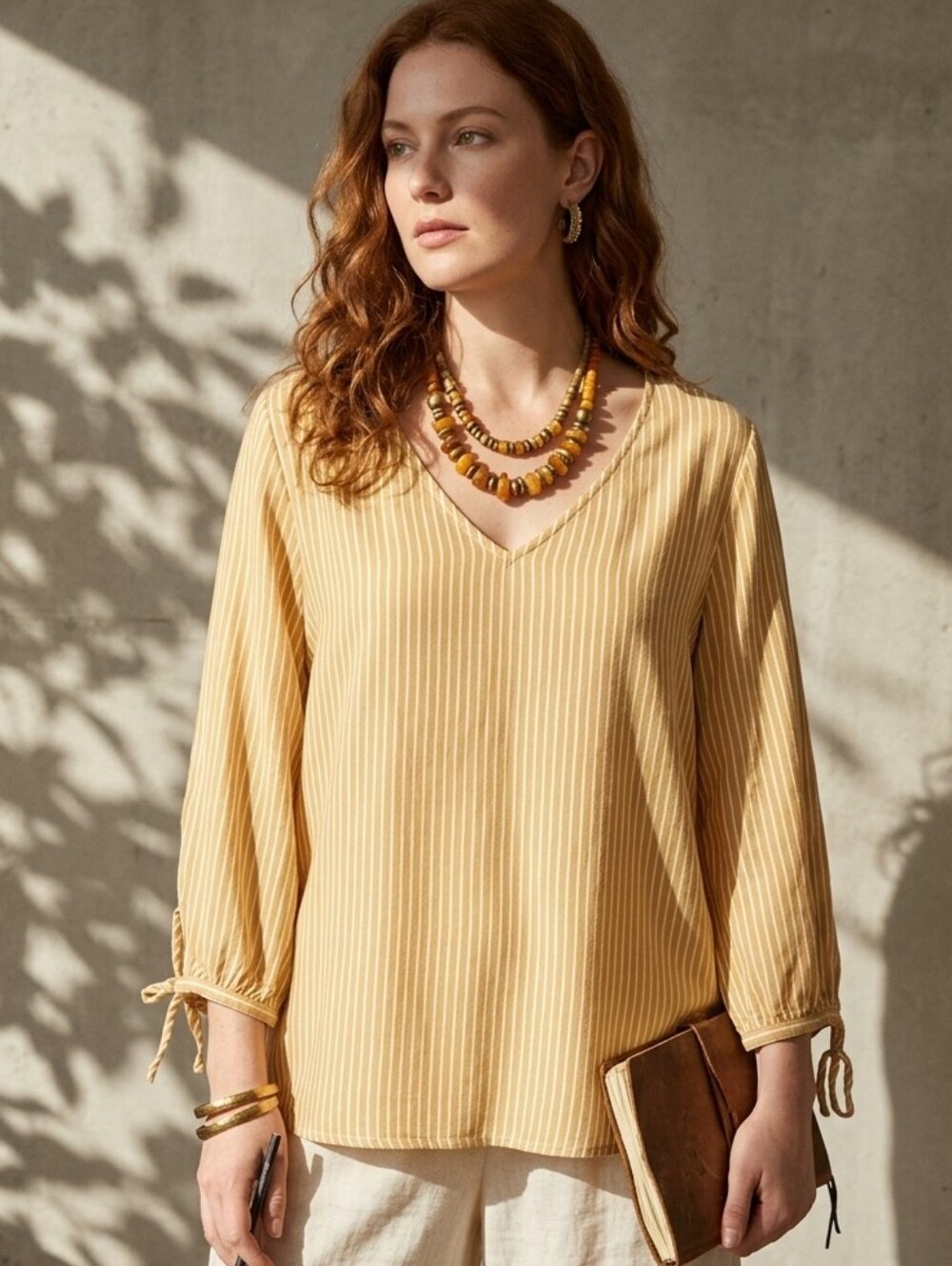 H&M LOGG Honey Yellow Striped Ribbed V-Neck Blouse Top Sz 6 Boho Pop Of Color